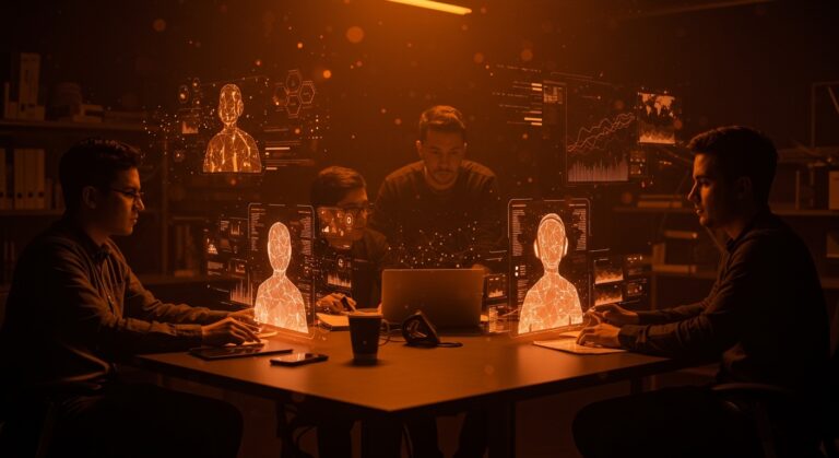 Avatares digitales con IA en startups LATAM colaborando en un espacio futurista con tecnología avanzada y metáforas visuales de inteligencia artificial.