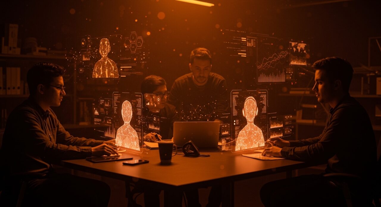 Avatares digitales con IA en startups LATAM colaborando en un espacio futurista con tecnología avanzada y metáforas visuales de inteligencia artificial.