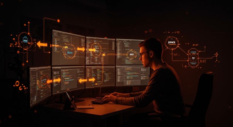 Desarrollador utilizando emulador local AWS para acelerar testing e integración de SQS con automatización en entorno de desarrollo local.