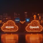 Acuerdo histórico AWS OpenAI representado con titanes digitales y metáforas visuales de IA y competencia en cloud computing.