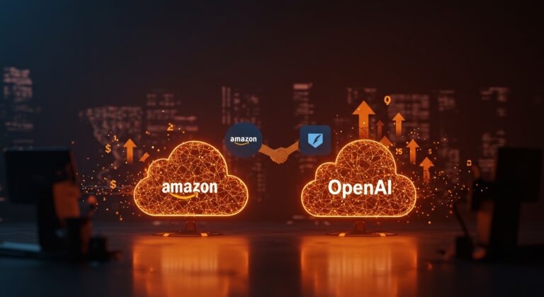 Acuerdo histórico AWS OpenAI representado con titanes digitales y metáforas visuales de IA y competencia en cloud computing.