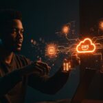 Startup interactuando con interfaz digital futurista mostrando modelos IA en cloud de AWS y OpenAI, destacando la alianza e impacto en reducción de costos en tecnologías IA.