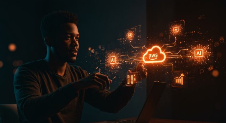 Startup interactuando con interfaz digital futurista mostrando modelos IA en cloud de AWS y OpenAI, destacando la alianza e impacto en reducción de costos en tecnologías IA.