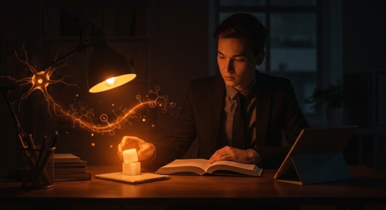 Estudio científico sobre azúcar y memoria mostrando glucosa que potencia la consolidación de aprendizaje en un entorno editorial moderno.