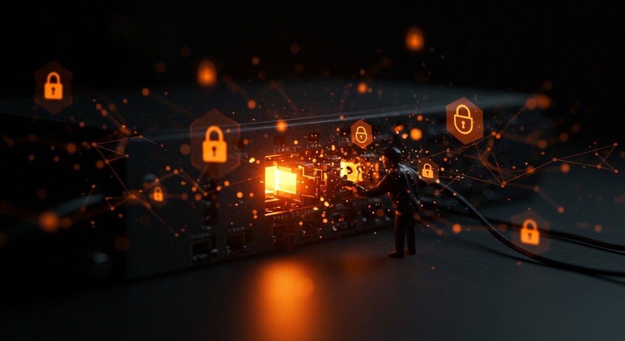 Backdoors en equipos de red Cisco y Fortinet representados visualmente con metáforas de vulnerabilidades y amenazas en ciberseguridad para startups.