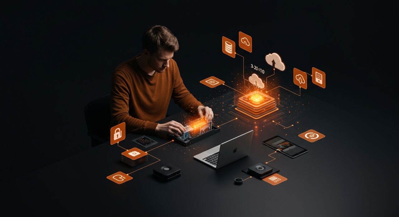 Founder realizando backup de fotos digitales con la regla 3-2-1-1-0 y automatización en gestión de datos personales y nube.