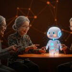 Usuarios mayores chinos interactuando con chatbot de inteligencia artificial en el mercado de la economía plateada.