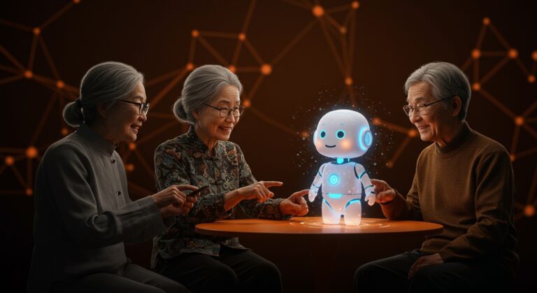 Usuarios mayores chinos interactuando con chatbot de inteligencia artificial en el mercado de la economía plateada.