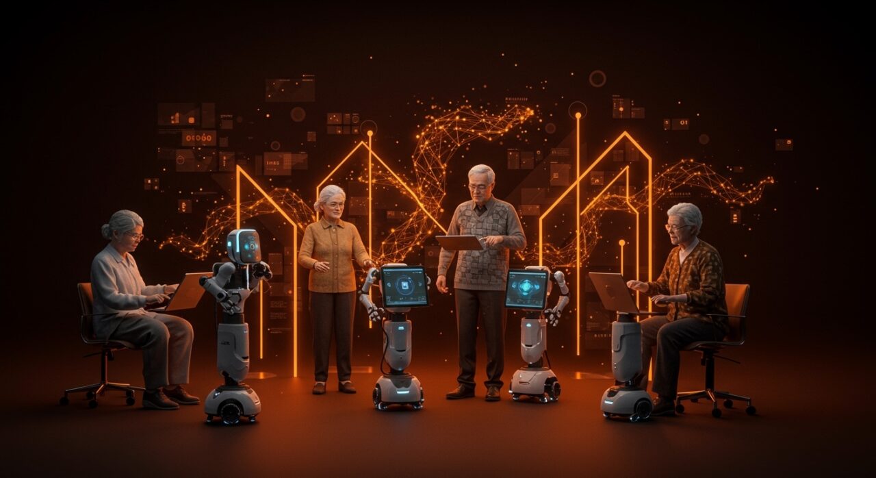 Usuarios mayores interactuando con robots y dispositivos AI en la economía plateada, destacando la innovación de Baidu y Doubao en inteligencia artificial aplicada.