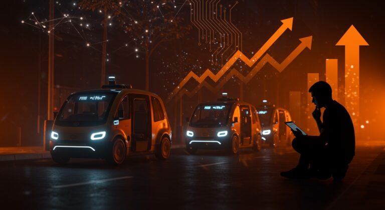 Flota de robotaxis autónomos de Baidu paralizados en Wuhan con un fundador analizando riesgos tecnológicos, destacando desafíos de movilidad autónoma y regulación en startups.