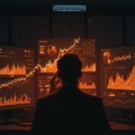 Founder preocupado en oficina tech frente a gráficos de aumento de bancarrotas en EE.UU., simbolizando riesgo financiero y estrategias de protección para startups.