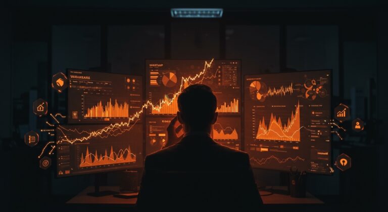 Founder preocupado en oficina tech frente a gráficos de aumento de bancarrotas en EE.UU., simbolizando riesgo financiero y estrategias de protección para startups.