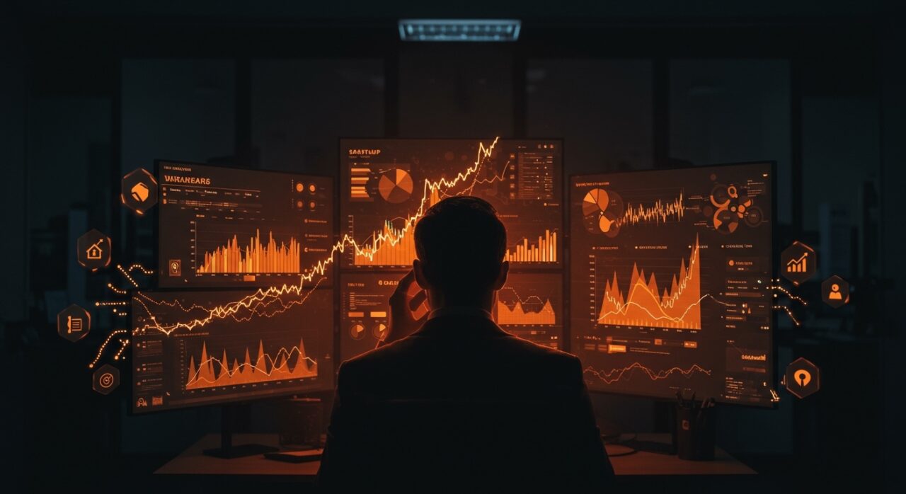 Founder preocupado en oficina tech frente a gráficos de aumento de bancarrotas en EE.UU., simbolizando riesgo financiero y estrategias de protección para startups.