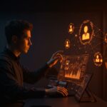 Fundador de startup interactuando con interfaz holográfica de orquestación universal de agentes IA en un entorno futurista, destacando automatización y escalabilidad.