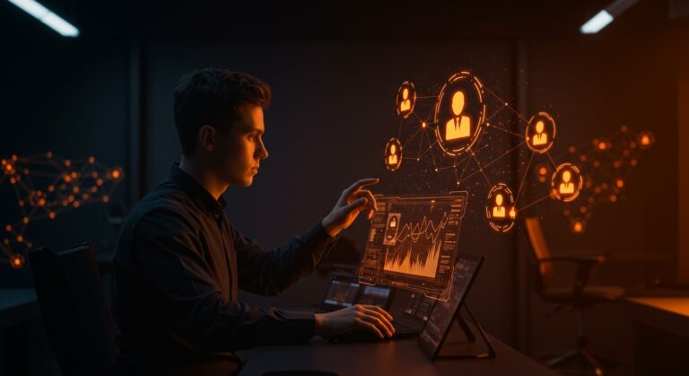 Fundador de startup interactuando con interfaz holográfica de orquestación universal de agentes IA en un entorno futurista, destacando automatización y escalabilidad.