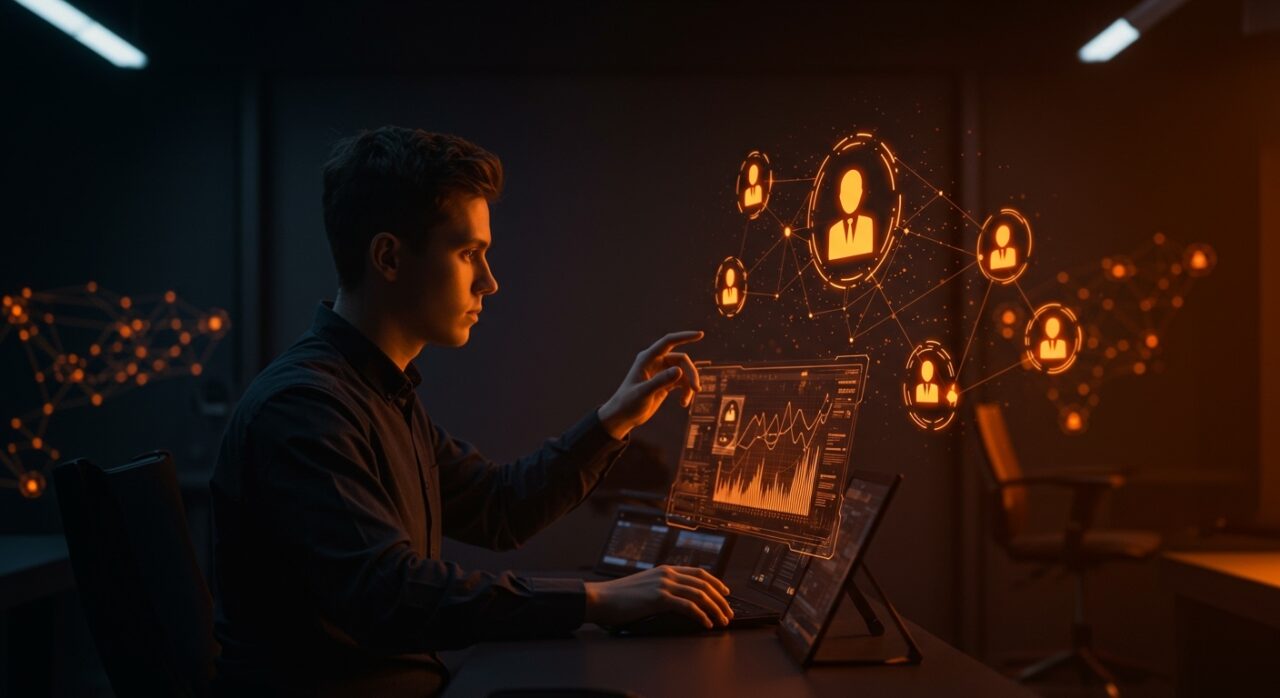 Fundador de startup interactuando con interfaz holográfica de orquestación universal de agentes IA en un entorno futurista, destacando automatización y escalabilidad.