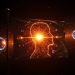 Bandera de la humanidad con el mapa púlsar Voyager destacando la exploración espacial y tecnología avanzada en un contexto futurista.