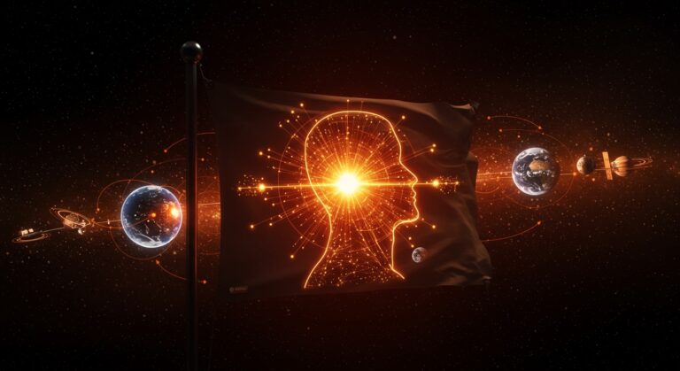 Bandera de la humanidad con el mapa púlsar Voyager destacando la exploración espacial y tecnología avanzada en un contexto futurista.