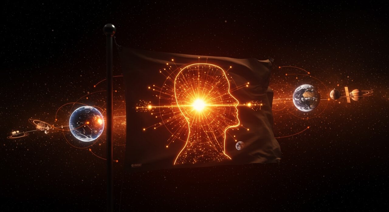 Bandera de la humanidad con el mapa púlsar Voyager destacando la exploración espacial y tecnología avanzada en un contexto futurista.