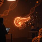 Investigación sobre cáncer de páncreas retirada por conflicto de intereses en biotech startup, ilustración conceptual en paleta naranja y negro.