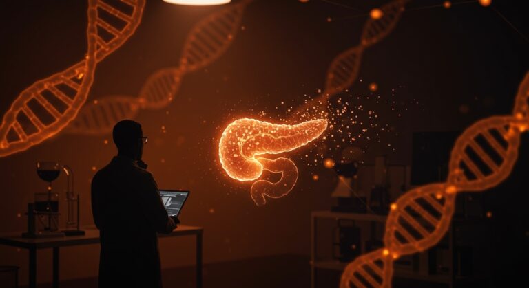 Investigación sobre cáncer de páncreas retirada por conflicto de intereses en biotech startup, ilustración conceptual en paleta naranja y negro.