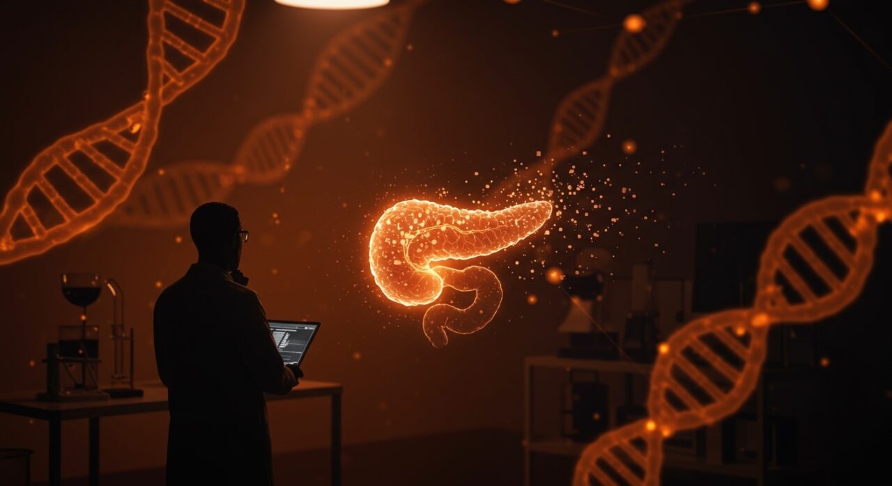 Investigación sobre cáncer de páncreas retirada por conflicto de intereses en biotech startup, ilustración conceptual en paleta naranja y negro.