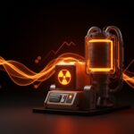 Batería nuclear betavoltaica iluminada en tonos naranja y negro integrada en un reactor de fusión compacto, representando innovación en energía de fusión y tecnología startup.