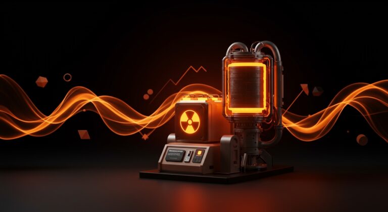 Batería nuclear betavoltaica iluminada en tonos naranja y negro integrada en un reactor de fusión compacto, representando innovación en energía de fusión y tecnología startup.