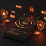 Interfaz de app bancaria BBVA mostrando score de seguridad con iconos de notificaciones bidireccionales y voice robot en entorno de ciberseguridad fintech.