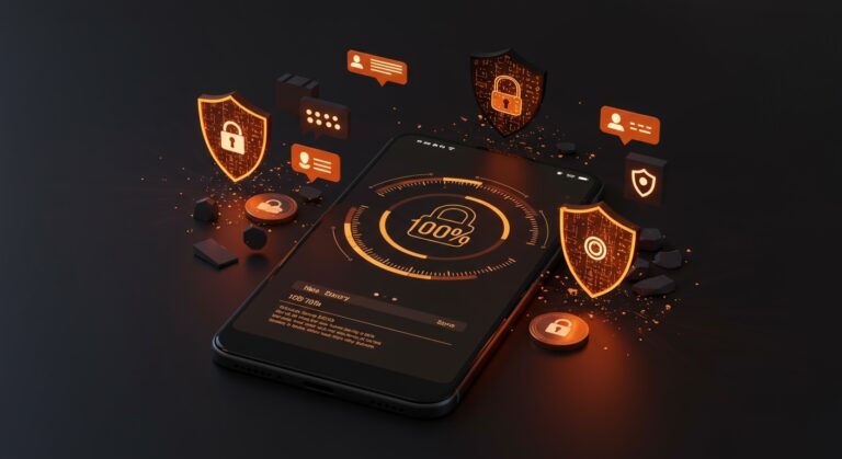 Interfaz de app bancaria BBVA mostrando score de seguridad con iconos de notificaciones bidireccionales y voice robot en entorno de ciberseguridad fintech.