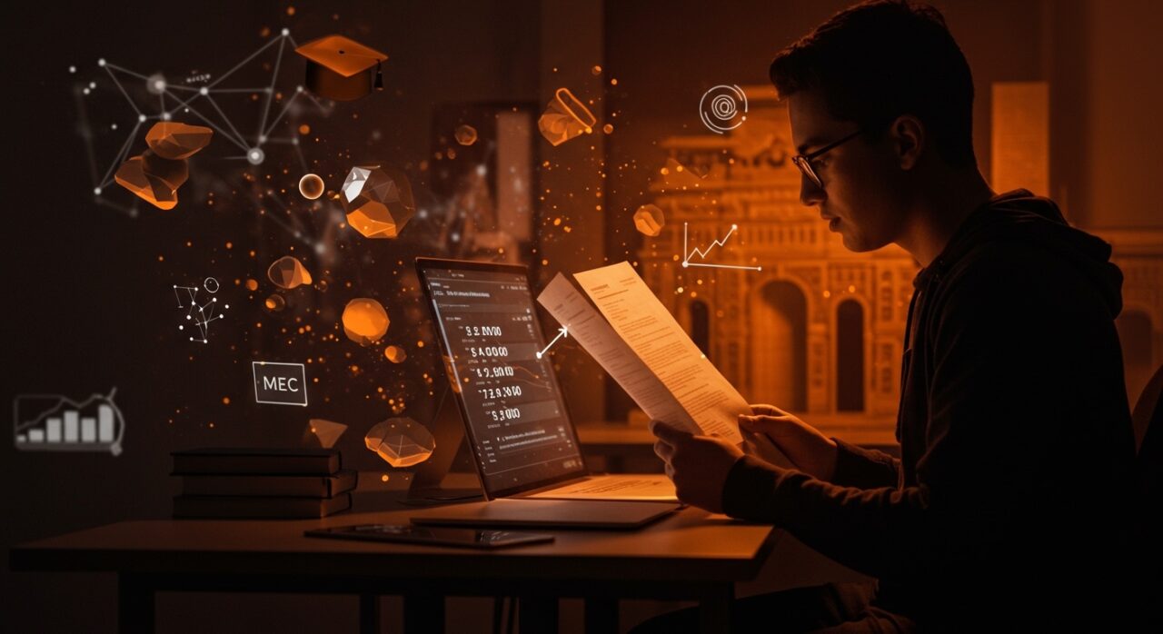 Ilustración visual de becas MEC 2026-2027 con requisitos, cuantías y solicitud para apoyo económico estudiantil en España.