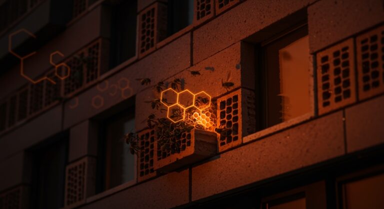 Ladrillos para abejas integrados en fachada urbana, fomentando la biodiversidad y sostenibilidad en construcción con abejas solitarias polinizando.