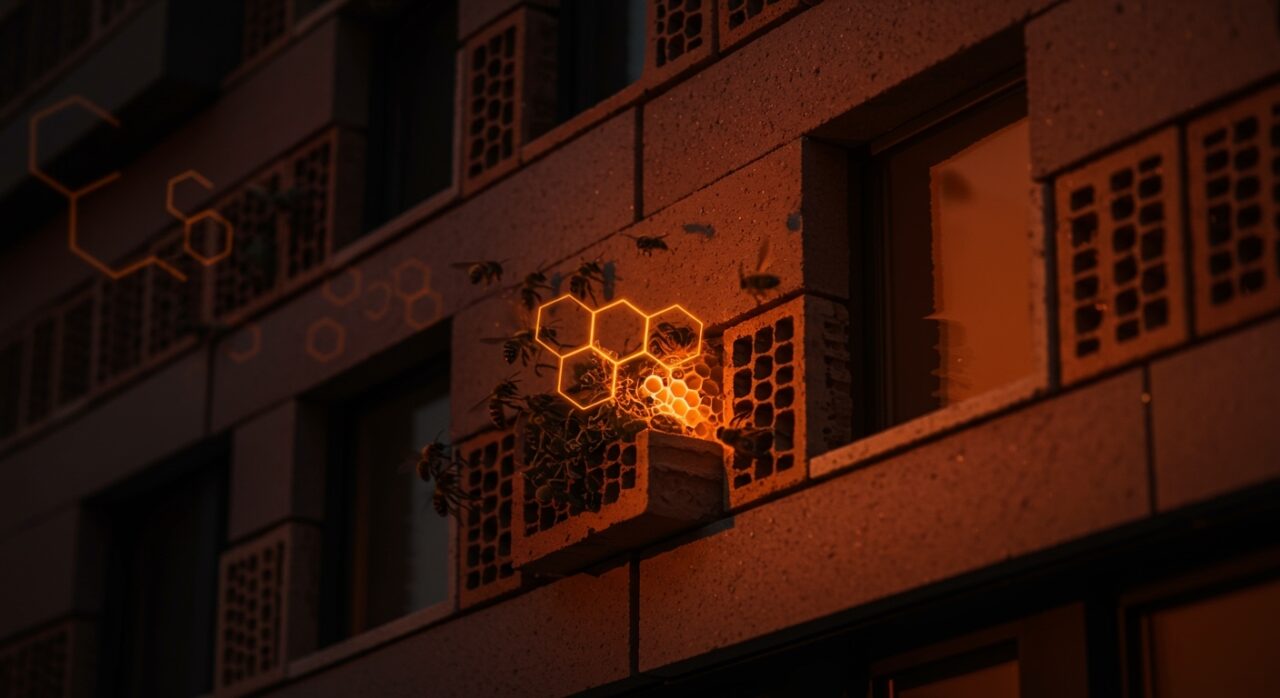 Ladrillos para abejas integrados en fachada urbana, fomentando la biodiversidad y sostenibilidad en construcción con abejas solitarias polinizando.