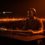 Podcasting SaaS con Beehiiv sin comisiones, mostrando creador innovador y tecnología de monetización digital para startups LATAM.