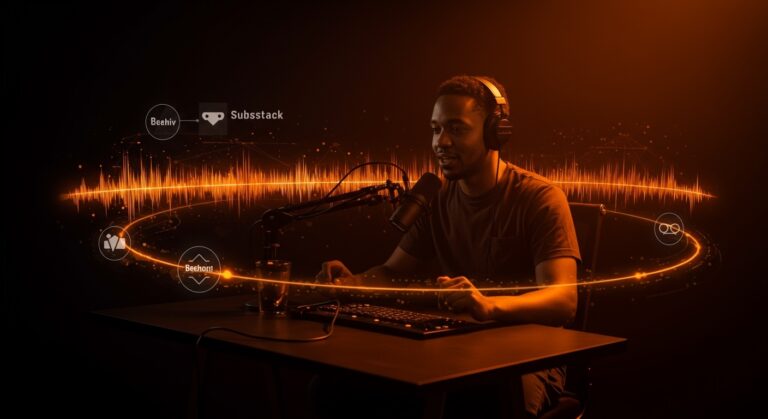 Podcasting SaaS con Beehiiv sin comisiones, mostrando creador innovador y tecnología de monetización digital para startups LATAM.