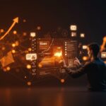 Fundador de startup interactuando con interfaz virtual de webinars y muros de pago para monetización de newsletters, resaltando el crecimiento SaaS con paleta naranja y negro.