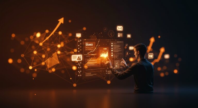 Fundador de startup interactuando con interfaz virtual de webinars y muros de pago para monetización de newsletters, resaltando el crecimiento SaaS con paleta naranja y negro.