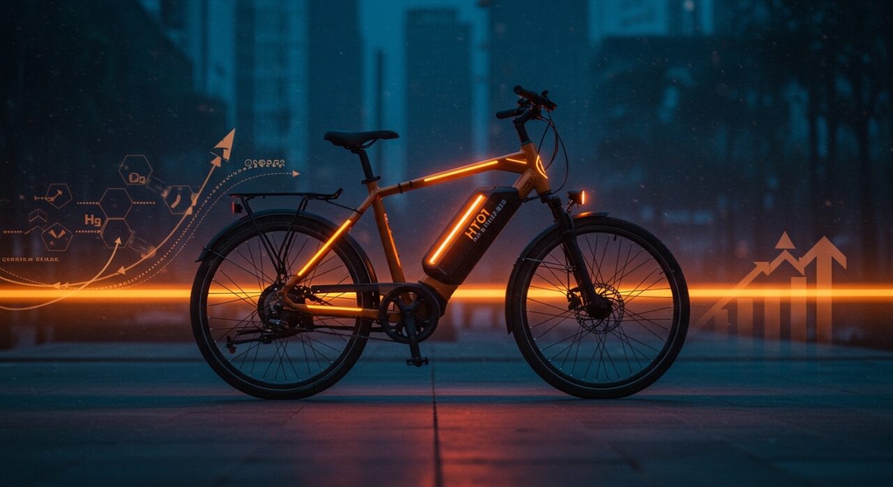 Bicicleta de hidrógeno en un entorno urbano futurista, simbolizando movilidad limpia e innovación tecnológica en startups chinas.