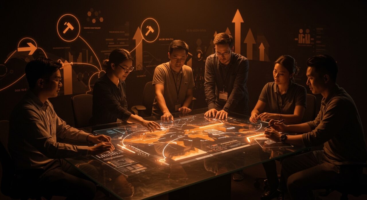 Fundadores analizando datos de subastas gubernamentales en un entorno digital, destacando oportunidades en mercados secundarios y agregación de datos.