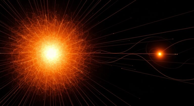 Visualización del Big Bang basada en la teoría de gravedad cuadrática cuántica con ondas gravitacionales, inspirada en física teórica y universo.