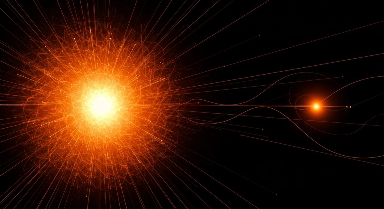 Visualización del Big Bang basada en la teoría de gravedad cuadrática cuántica con ondas gravitacionales, inspirada en física teórica y universo.