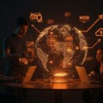 Emprendedores hispanohablantes colaborando con hologramas de infraestructura IA y símbolos de inversión Big Tech en un entorno futurista y tecnológico.