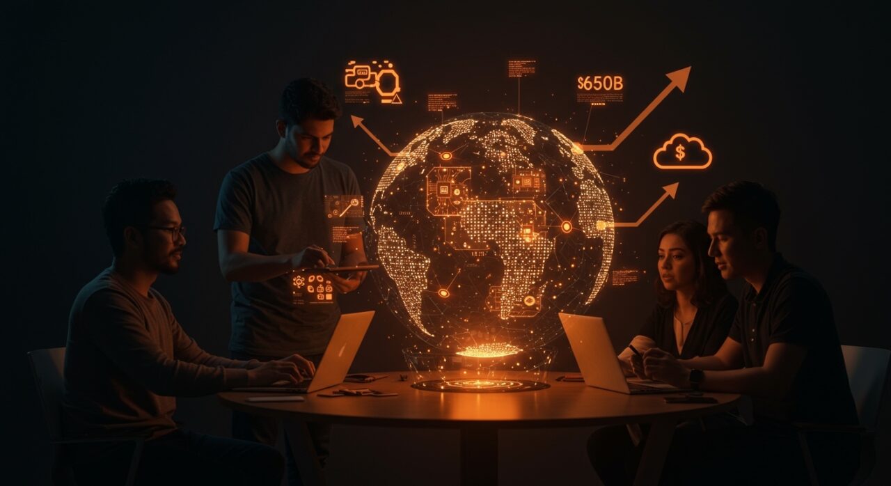 Emprendedores hispanohablantes colaborando con hologramas de infraestructura IA y símbolos de inversión Big Tech en un entorno futurista y tecnológico.