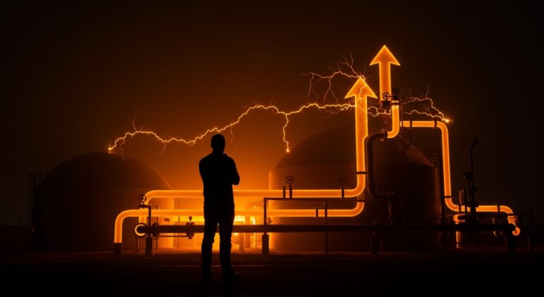 Líder comunitario frente a planta de biogás en España, simbolizando retos y oportunidades de la transición energética y energías renovables.