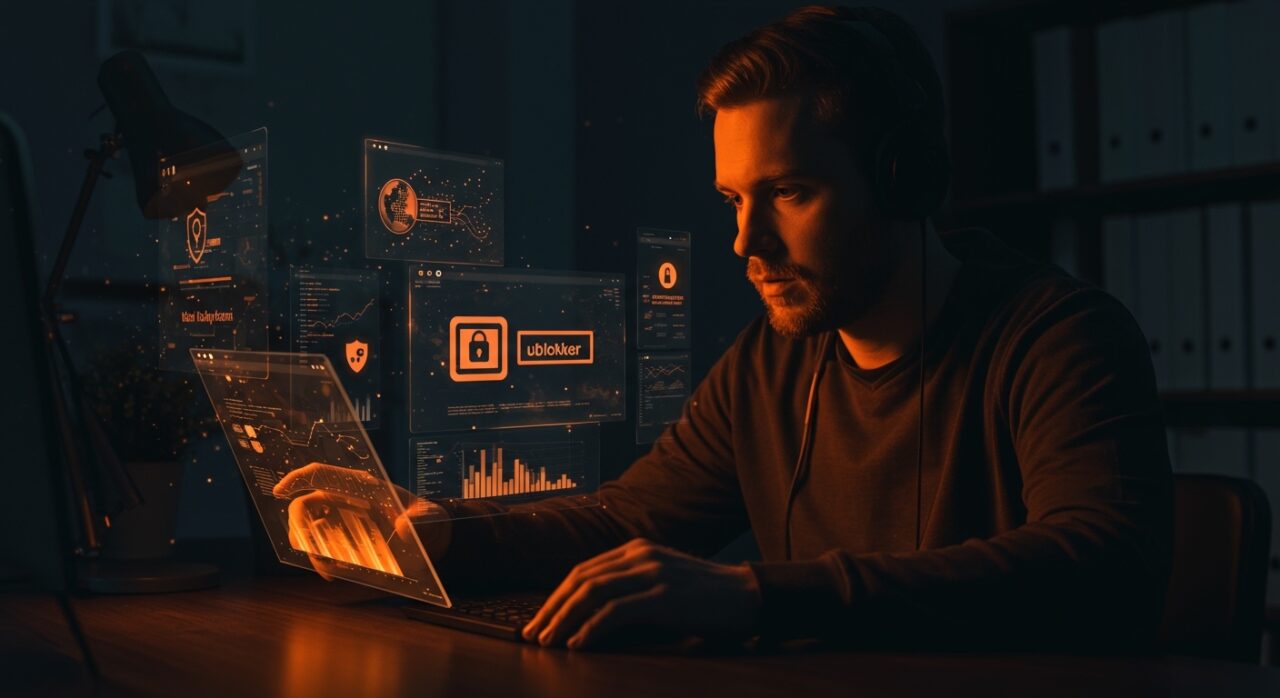 Fundador tecnológico analizando interfaces de bloqueadores de anuncios y privacidad online en 2026 con impacto de Manifest V3 y seguridad web.