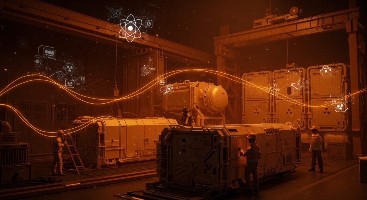 Reactores nucleares modulares en astilleros representando financiación y tecnología clean tech de Blue Energy.