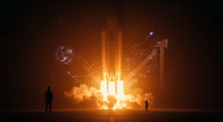 Cohete New Glenn reutilizado en lanzamiento, simbolizando innovación y lecciones para startups en el ecosistema tecnológico.