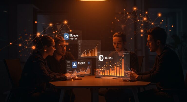 Founders evaluando alternativas a X en 2026 con enfoque en Bluesky y redes sociales descentralizadas en un ambiente tecnológico moderno.