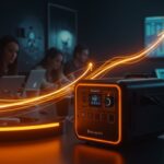 BLUETTI Elite 400 estación de energía portátil en un entorno startup de tecnología, destacando innovación y energía limpia.