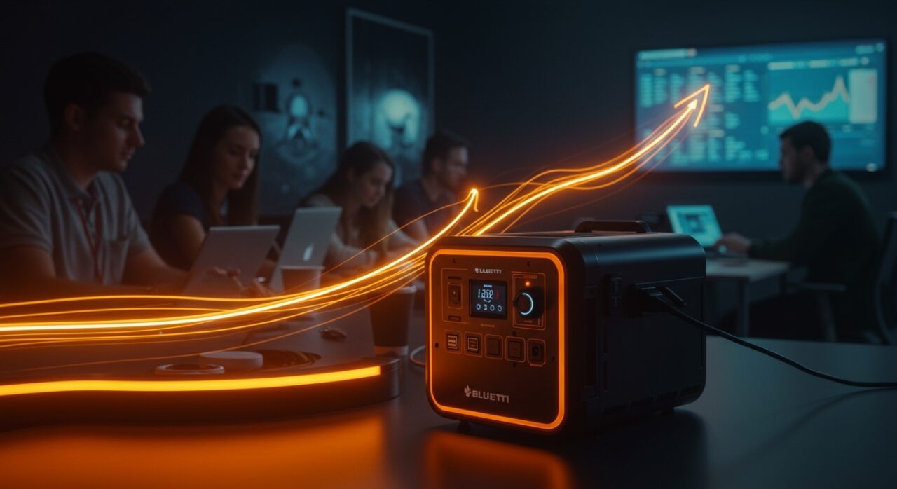 BLUETTI Elite 400 estación de energía portátil en un entorno startup de tecnología, destacando innovación y energía limpia.